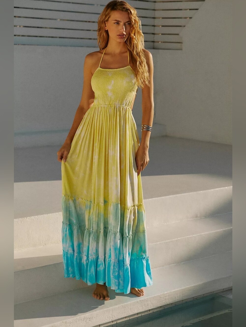 Tiare Hawaii Sunset Ombre Halter Maxi Dress - Yellow to Blue Size M/L
